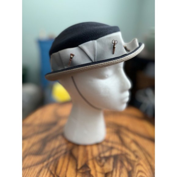 Vintage Knox Womens Navy and Gray Hat 3 hat pins 1950\'s size 22